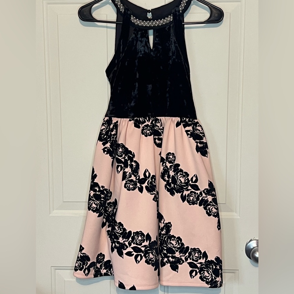 Beautiful black velvet and light pink dress adorned with pearl accents